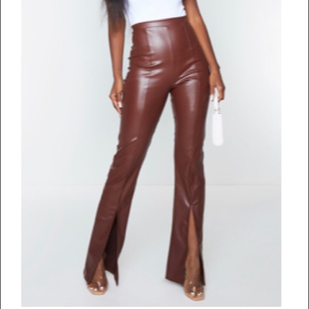 Chocolate Faux Leather Seam Detail Split Hem Trousers.